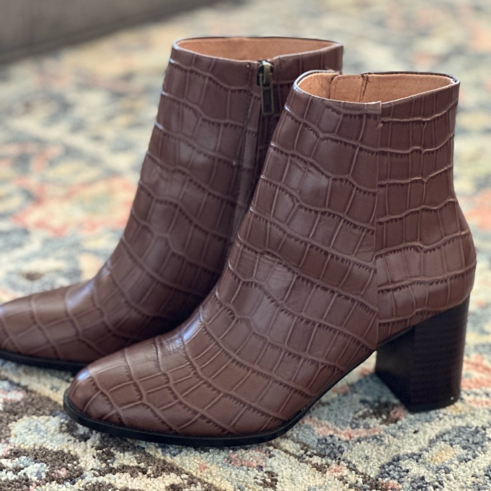 Madewell Chocolate Croc-Embossed Ankle Booties